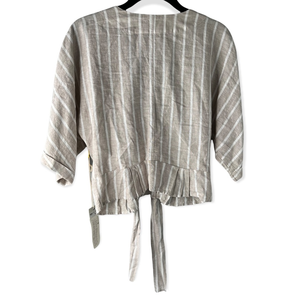 Happy x Nature Linen blend Striped Tie Front Cropped Blouse size medium NWT - Picture 3 of 7